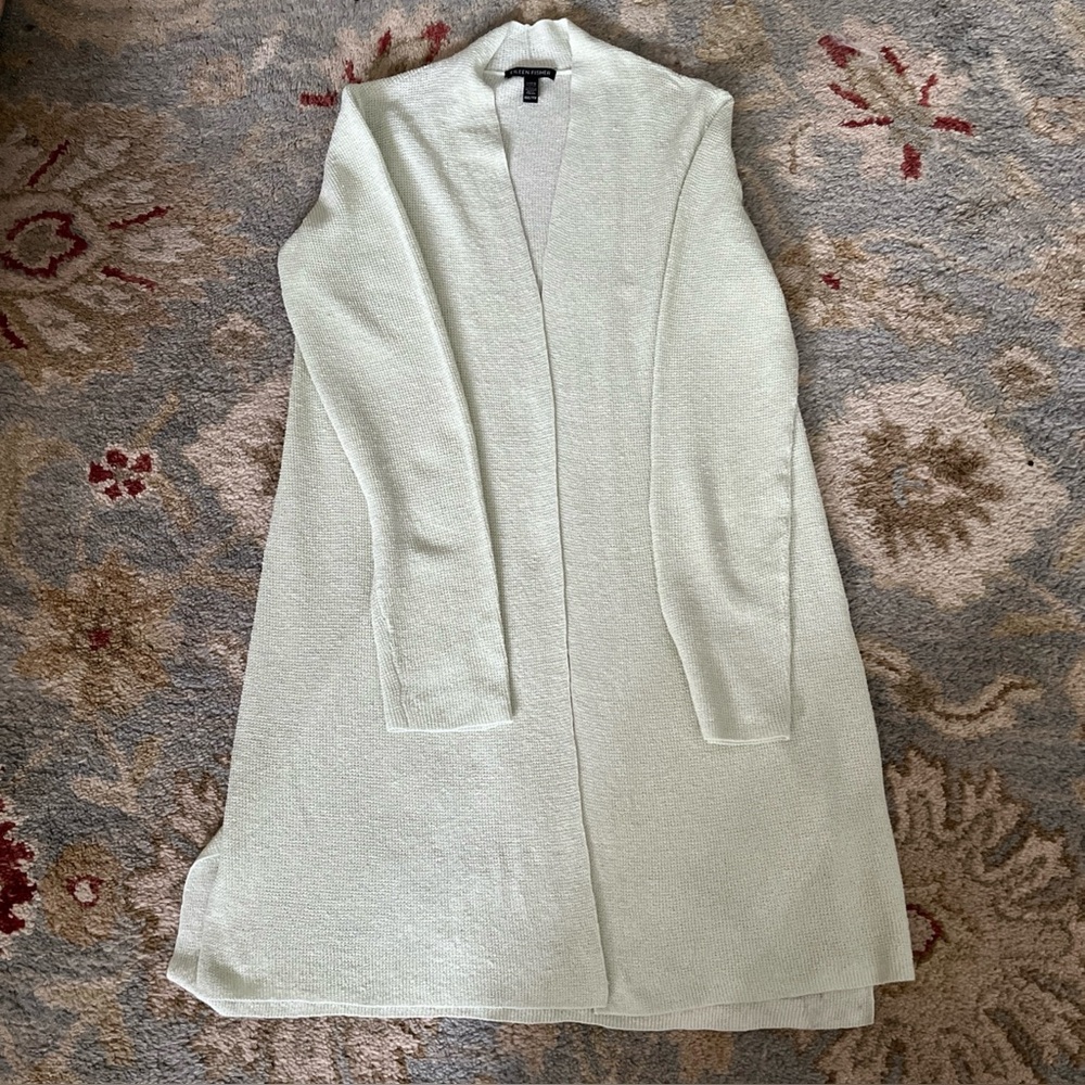 Eileen Fisher Pale Green Open-Front Linen-Blend Long Cardigan XXS